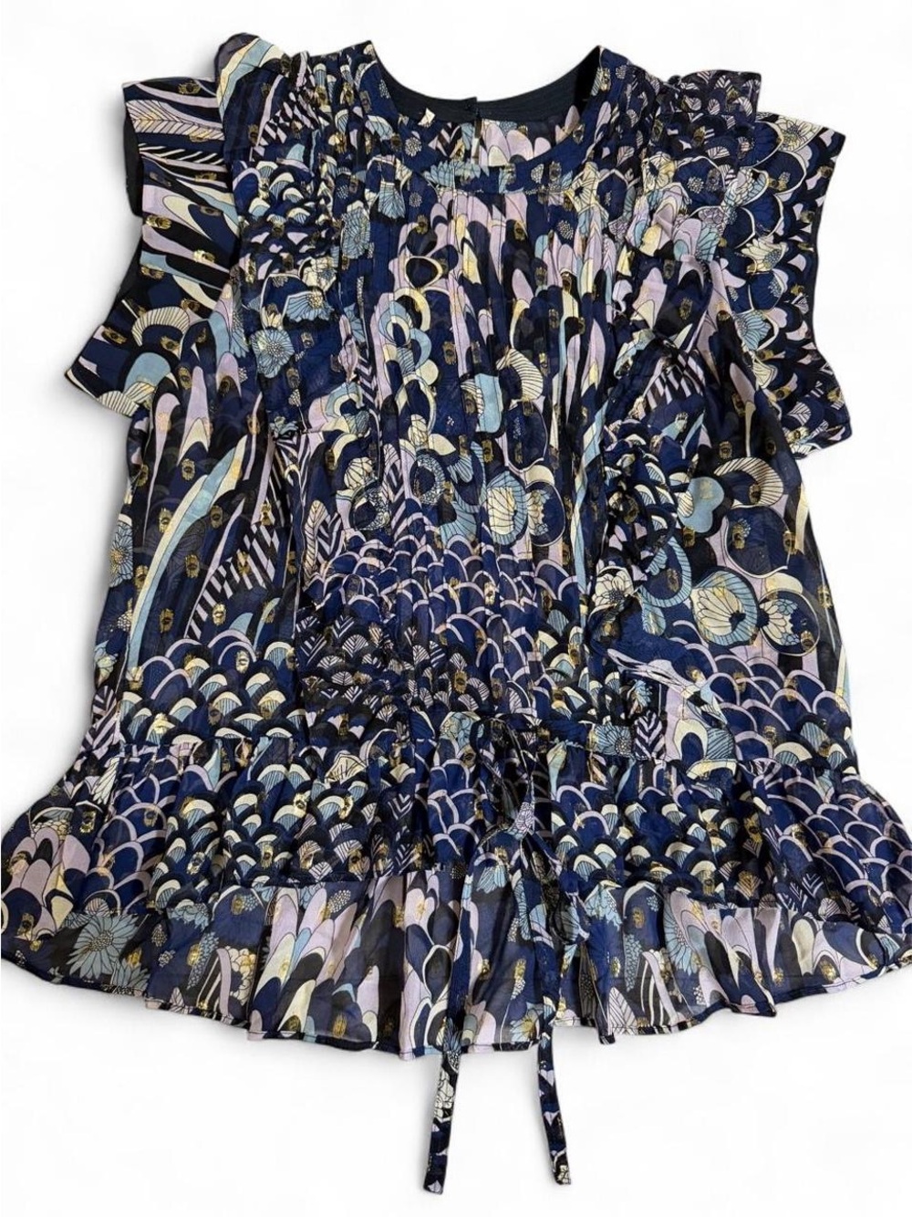Zadig & Voltaire Toundra Silk Top Blue Gold Thread Art Deco Ruffle size S